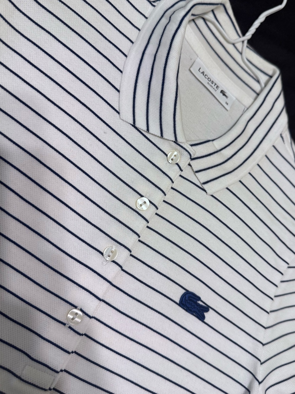 Lacoste White Polo with Navy Thin Stripes